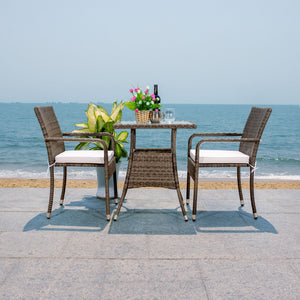 Safavieh LABAN Bistro Set - Elegant PE Rattan Chairs with Glass Table for Stylish Outdoor Dining & Relaxation Grey Brown / White PAT7718C