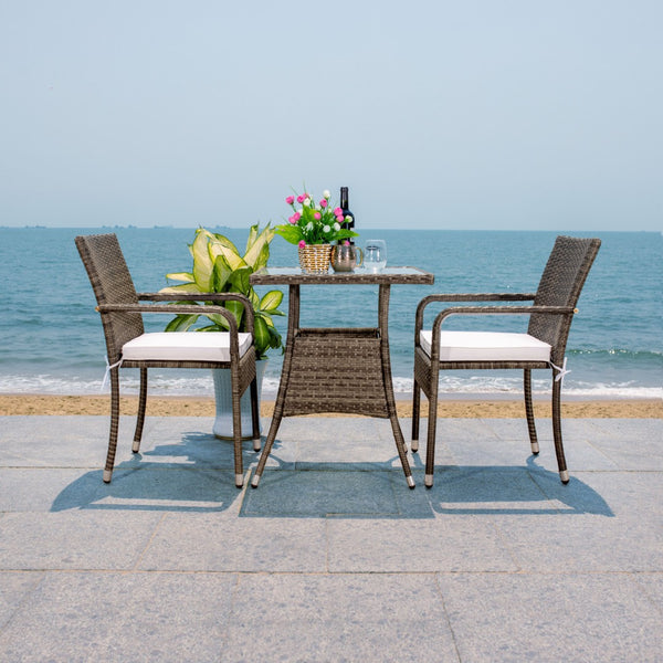 Safavieh LABAN Bistro Set - Elegant PE Rattan Chairs with Glass Table for Stylish Outdoor Dining & Relaxation Grey Brown / White PAT7718C