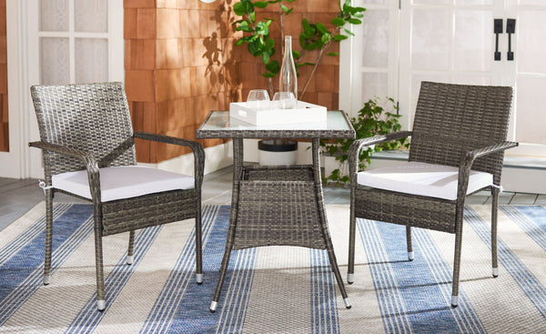 Safavieh LABAN Bistro Set - Elegant PE Rattan Chairs with Glass Table for Stylish Outdoor Dining & Relaxation Grey Brown / White PAT7718C