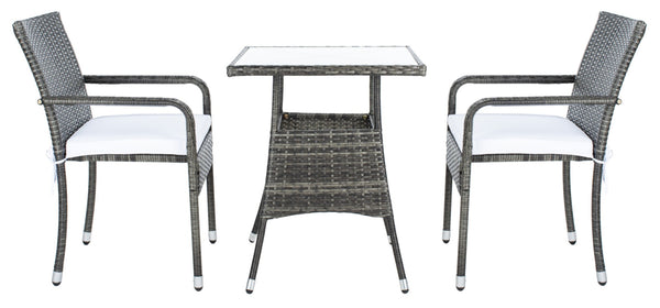 Safavieh LABAN Bistro Set - Elegant PE Rattan Chairs with Glass Table for Stylish Outdoor Dining & Relaxation Grey Brown / White PAT7718C