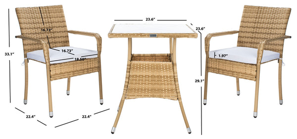 Safavieh LABAN Bistro Set - Elegant PE Rattan Chairs with Glass Table for Stylish Outdoor Dining & Relaxation Natural / White PAT7718D