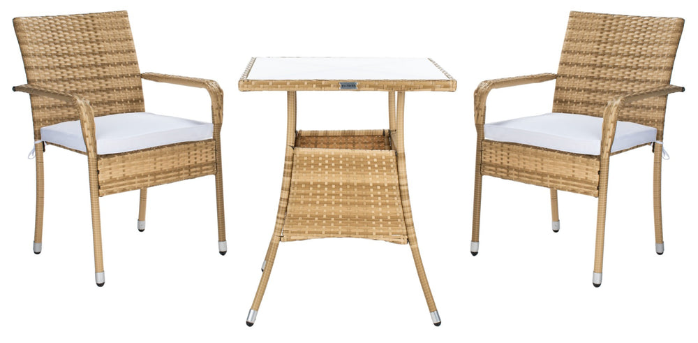 Safavieh LABAN Bistro Set - Elegant PE Rattan Chairs with Glass Table for Stylish Outdoor Dining & Relaxation Natural / White PAT7718D