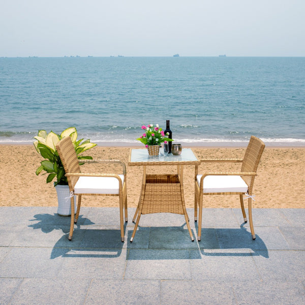 Safavieh LABAN Bistro Set - Elegant PE Rattan Chairs with Glass Table for Stylish Outdoor Dining & Relaxation Natural / White PAT7718D