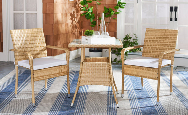 Safavieh LABAN Bistro Set - Elegant PE Rattan Chairs with Glass Table for Stylish Outdoor Dining & Relaxation Natural / White PAT7718D