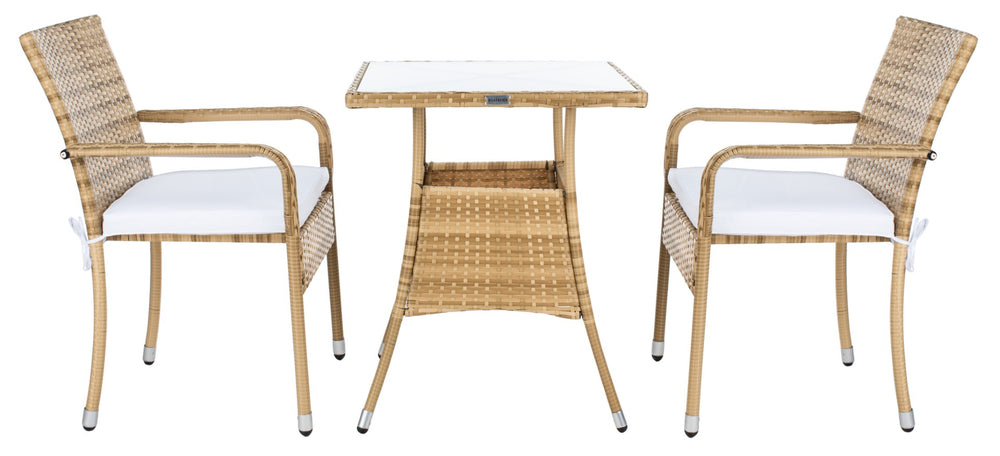 Safavieh LABAN Bistro Set - Elegant PE Rattan Chairs with Glass Table for Stylish Outdoor Dining & Relaxation Natural / White PAT7718D