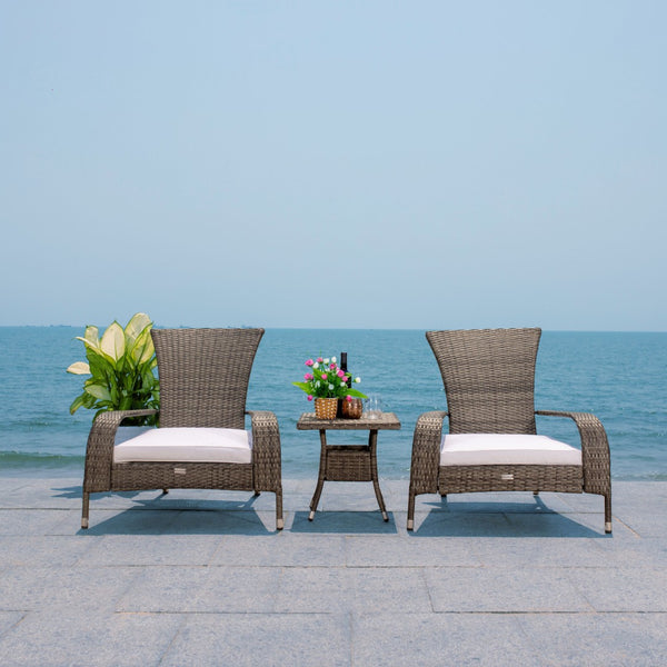 Safavieh EDNA 3-Piece Lounge Set – Elegant Outdoor Seating with Tropical Modern Design for Ultimate Comfort Grey Brown / White PAT7719C