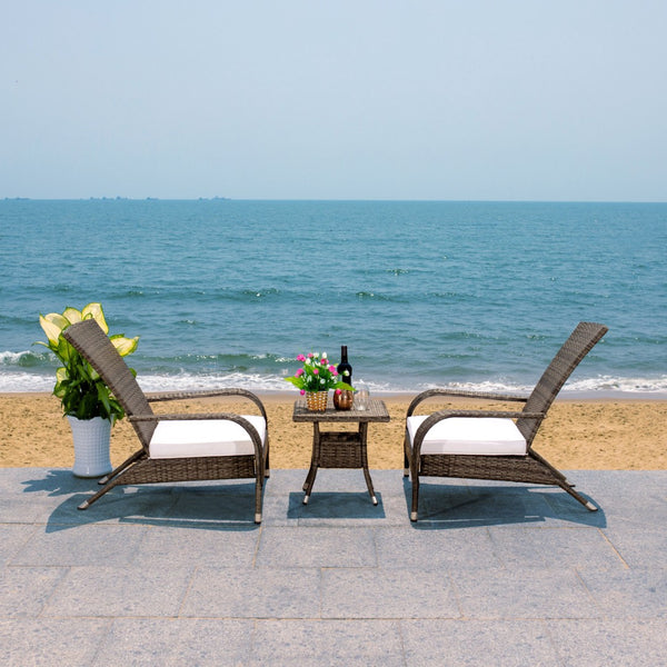 Safavieh EDNA 3-Piece Lounge Set – Elegant Outdoor Seating with Tropical Modern Design for Ultimate Comfort Grey Brown / White PAT7719C