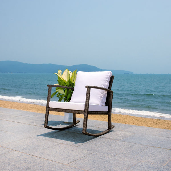 Safavieh DAIRE Rocking Chair - Elegant Outdoor Seating with Plush Cushions for Relaxed Patio Living Grey Brown / White PAT7721C