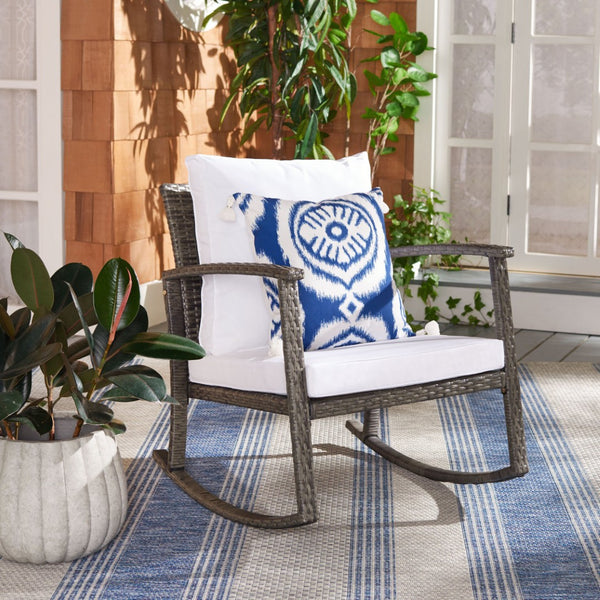 Safavieh DAIRE Rocking Chair - Elegant Outdoor Seating with Plush Cushions for Relaxed Patio Living Grey Brown / White PAT7721C