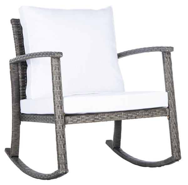 Safavieh DAIRE Rocking Chair - Elegant Outdoor Seating with Plush Cushions for Relaxed Patio Living Grey Brown / White PAT7721C