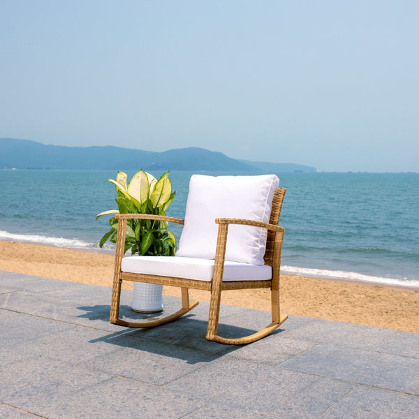 Safavieh DAIRE Rocking Chair - Elegant Outdoor Seating with Plush Cushions for Relaxed Patio Living Natural / White PAT7721D