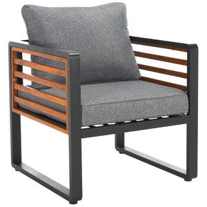 Safavieh VESTA 4-Piece Contemporary Outdoor Living Set with Durable Acacia Wood and Plush Cushions for Comfort Black / Grey PAT7737A