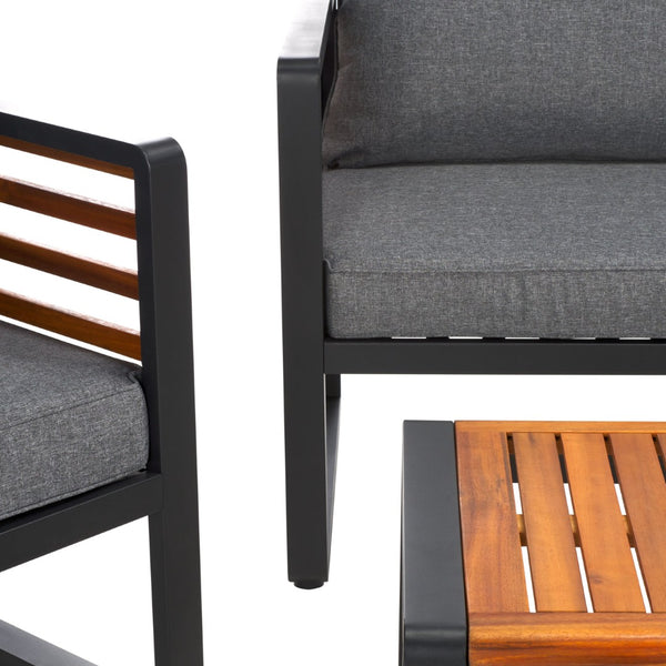 Safavieh VESTA 4-Piece Contemporary Outdoor Living Set with Durable Acacia Wood and Plush Cushions for Comfort Black / Grey PAT7737A