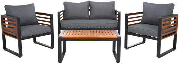 Safavieh VESTA 4-Piece Contemporary Outdoor Living Set with Durable Acacia Wood and Plush Cushions for Comfort Black / Grey PAT7737A