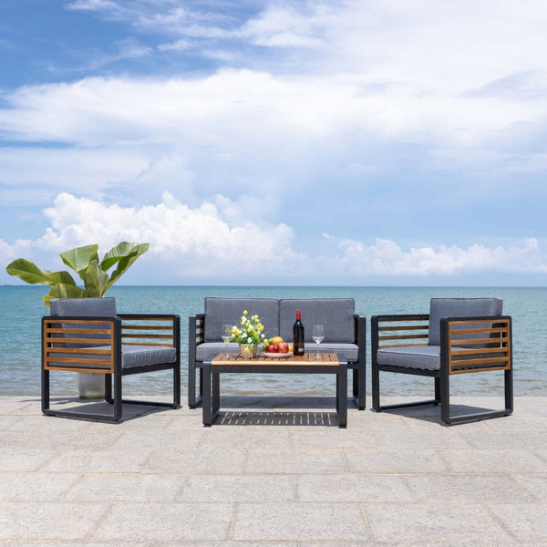 Safavieh VESTA 4-Piece Contemporary Outdoor Living Set with Durable Acacia Wood and Plush Cushions for Comfort Black / Grey PAT7737A
