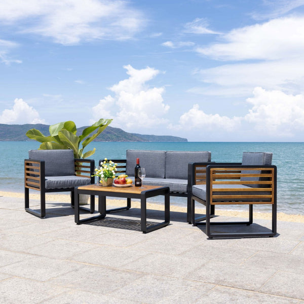 Safavieh VESTA 4-Piece Contemporary Outdoor Living Set with Durable Acacia Wood and Plush Cushions for Comfort Black / Grey PAT7737A