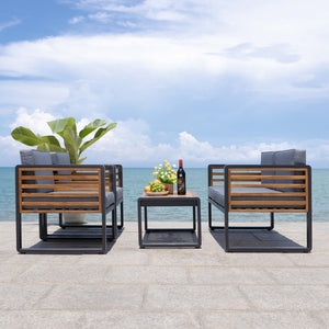 Safavieh VESTA 4-Piece Contemporary Outdoor Living Set with Durable Acacia Wood and Plush Cushions for Comfort Black / Grey PAT7737A