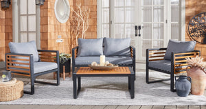 Safavieh VESTA 4-Piece Contemporary Outdoor Living Set with Durable Acacia Wood and Plush Cushions for Comfort Black / Grey PAT7737A