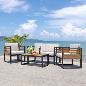 Safavieh VESTA 4-Piece Contemporary Outdoor Living Set with Durable Acacia Wood and Plush Cushions for Comfort Black / Light Grey PAT7737B