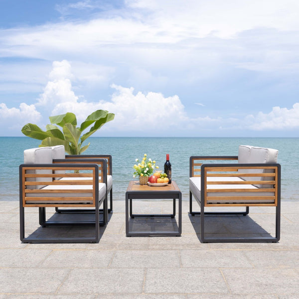 Safavieh VESTA 4-Piece Contemporary Outdoor Living Set with Durable Acacia Wood and Plush Cushions for Comfort Black / Light Grey PAT7737B
