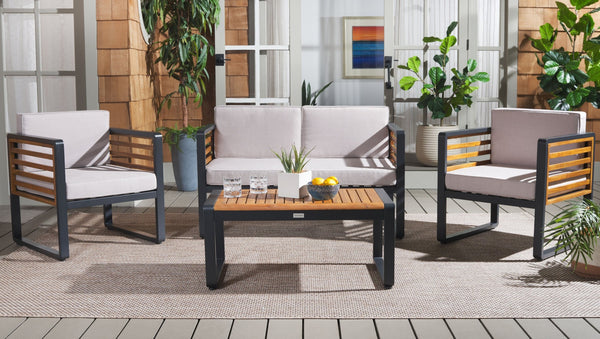 Safavieh VESTA 4-Piece Contemporary Outdoor Living Set with Durable Acacia Wood and Plush Cushions for Comfort Black / Light Grey PAT7737B