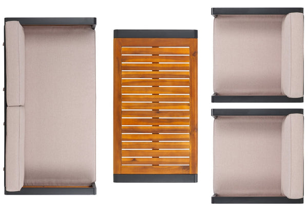 Safavieh VESTA 4-Piece Contemporary Outdoor Living Set with Durable Acacia Wood and Plush Cushions for Comfort Black / Light Grey PAT7737B