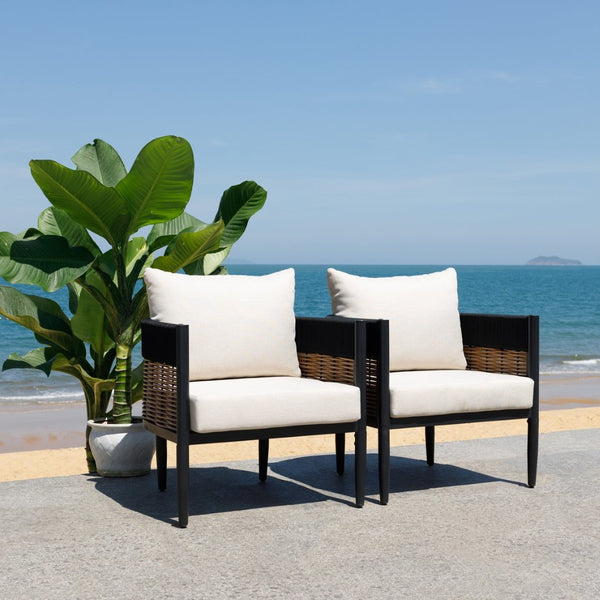 Safavieh HARRISON Outdoor Chair Set of 2 – Modern Design, Durable Comfort for Patios and Garden Relaxation Black / Taupe PAT7740A-SET2