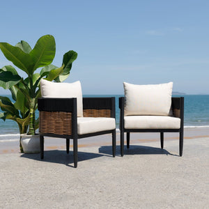 Safavieh HARRISON Outdoor Chair Set of 2 – Modern Design, Durable Comfort for Patios and Garden Relaxation Black / Taupe PAT7740A-SET2
