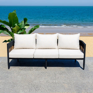 Safavieh HARRISON Modern Three-Seater Sofa - Stylish Outdoor Seating with Weather-Resistant Comfort & Durability Black / Taupe PAT7742A