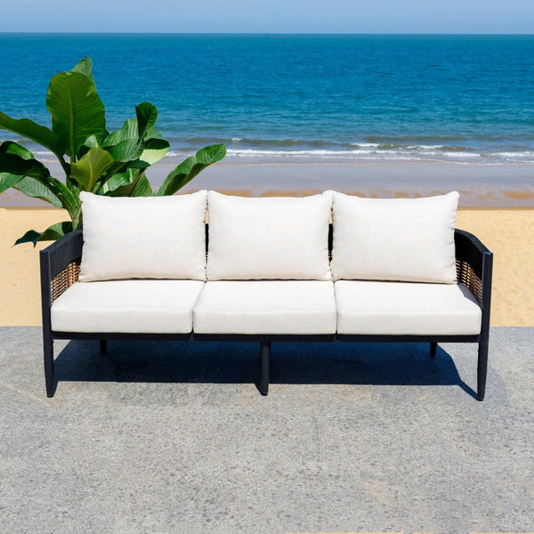 Safavieh HARRISON Modern Three-Seater Sofa - Stylish Outdoor Seating with Weather-Resistant Comfort & Durability Black / Taupe PAT7742A