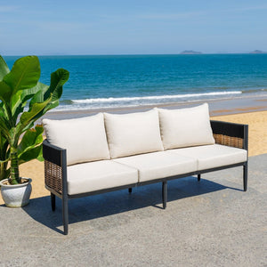 Safavieh HARRISON Modern Three-Seater Sofa - Stylish Outdoor Seating with Weather-Resistant Comfort & Durability Black / Taupe PAT7742A