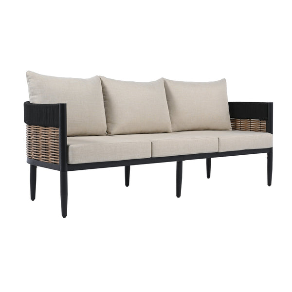 Safavieh Harrison 3 Seater Sofa - Stylish Outdoor Seating With Durable Steel Frame And Elegant Rattan Accents Black ,Taupe  Pat7742a