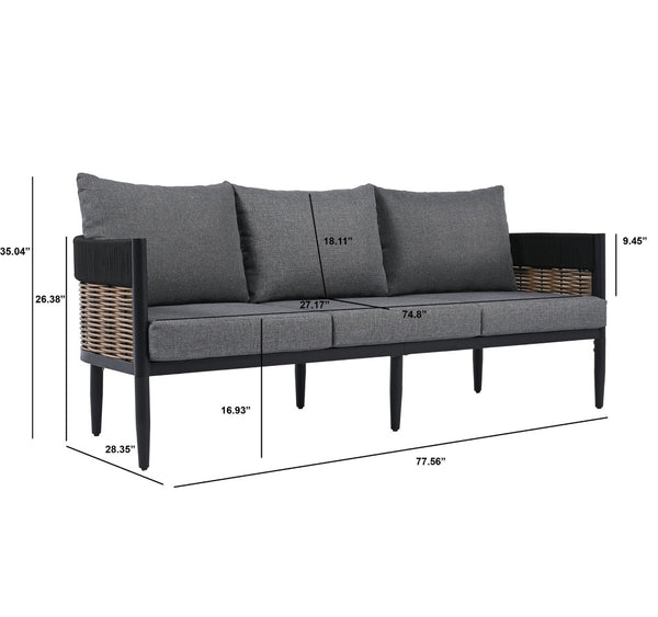 Safavieh HARRISON Modern Three-Seater Sofa - Stylish Outdoor Seating with Weather-Resistant Comfort & Durability Black / Grey PAT7742B