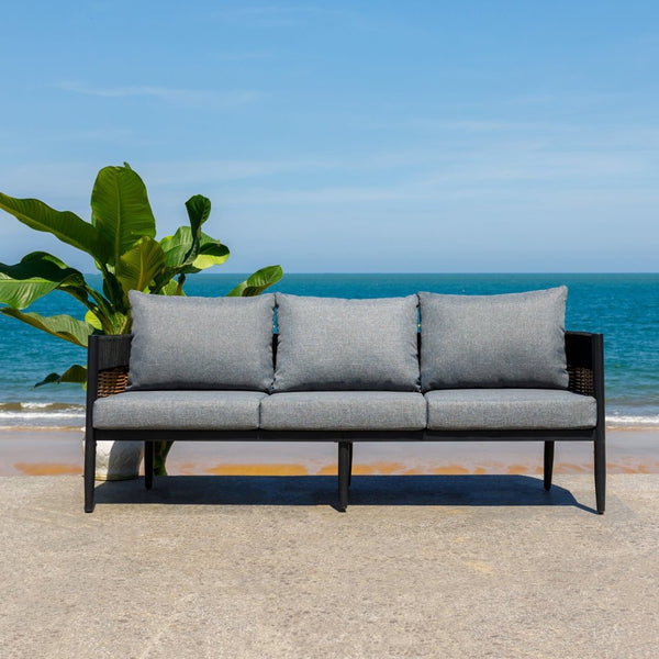 Safavieh HARRISON Modern Three-Seater Sofa - Stylish Outdoor Seating with Weather-Resistant Comfort & Durability Black / Grey PAT7742B