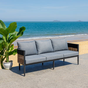 Safavieh HARRISON Modern Three-Seater Sofa - Stylish Outdoor Seating with Weather-Resistant Comfort & Durability Black / Grey PAT7742B