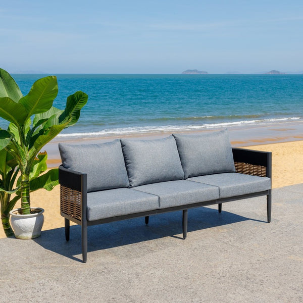 Safavieh HARRISON Modern Three-Seater Sofa - Stylish Outdoor Seating with Weather-Resistant Comfort & Durability Black / Grey PAT7742B