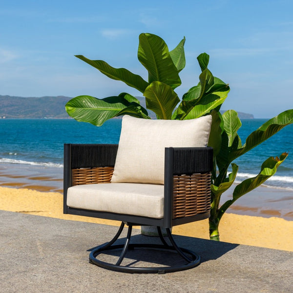 Safavieh HARRISON Swivel Chair - Modern Outdoor Seating with Weather-Resistant Foam and Stylish Design Black / Taupe PAT7743A
