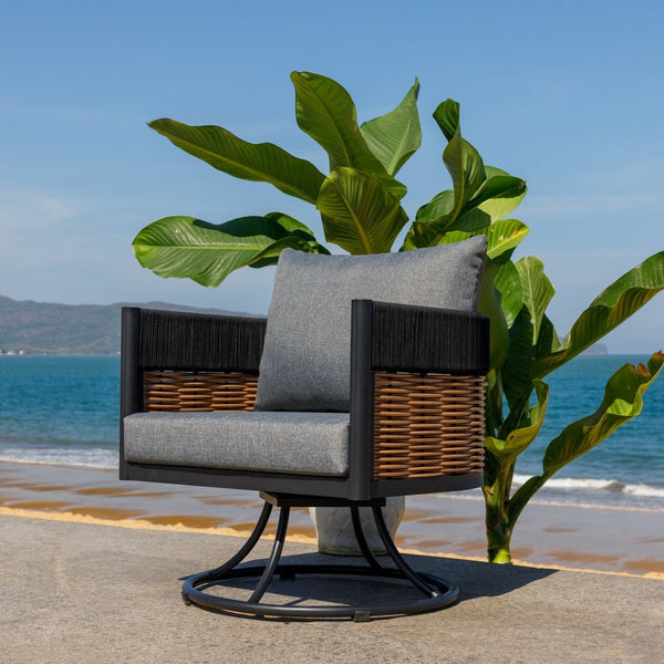 Safavieh HARRISON Swivel Chair - Modern Outdoor Seating with Weather-Resistant Foam and Stylish Design Black / Grey PAT7743B