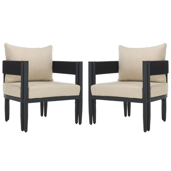 Safavieh Viola Outdoor Chair Set Of 2 - Stylish Comfort With Woven Backrest For Modern Patio Ambiance Black ,Taupe  Pat7750a-set2