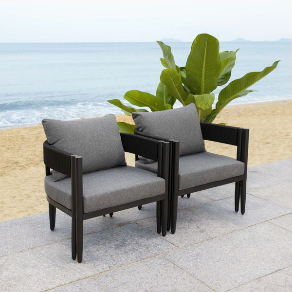 Safavieh Viola Outdoor Chair Set Of 2 - Stylish Comfort With Woven Backrest For Modern Patio Ambiance Black ,Grey  Pat7750b-set2