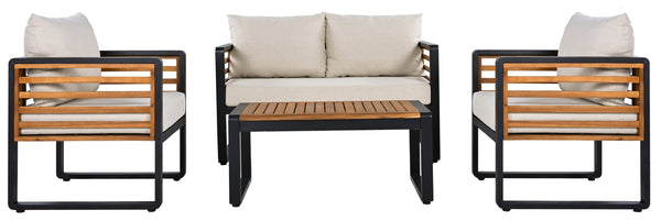 Safavieh Baker 4-piece Outdoor Living Set In Black & Taupe - Stylish Steel & Acacia Wood Retreat For Comfort Black ,Taupe Steel,Acacia,Fabric,Foam Pat7755a