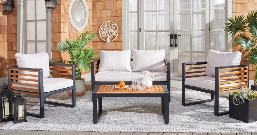 Safavieh Baker 4-piece Outdoor Living Set In Black & Taupe - Stylish Steel & Acacia Wood Retreat For Comfort Black ,Taupe Steel,Acacia,Fabric,Foam Pat7755a