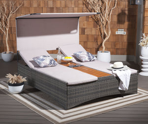 Safavieh Adora Double Daybed - Stylish Grey Brown & Taupe Outdoor Furniture For Ultimate Comfort & Relaxation Grey Brown ,Taupe Pe Rattan,Steel,Acacia,Fabric,Foam Pat7758a