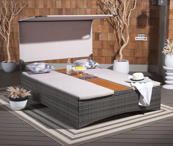 Safavieh Adora Double Daybed - Stylish Grey Brown & Taupe Outdoor Furniture For Ultimate Comfort & Relaxation Grey Brown ,Taupe Pe Rattan,Steel,Acacia,Fabric,Foam Pat7758a