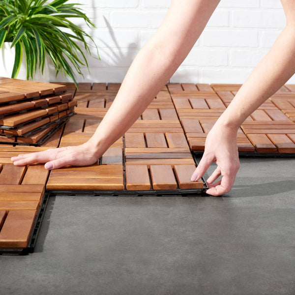 Safavieh HANOI 12 Slat Wooden Floor Tile - 10 Interlocking Natural Wood Tiles for Outdoor Spaces & Patios PAT7900A