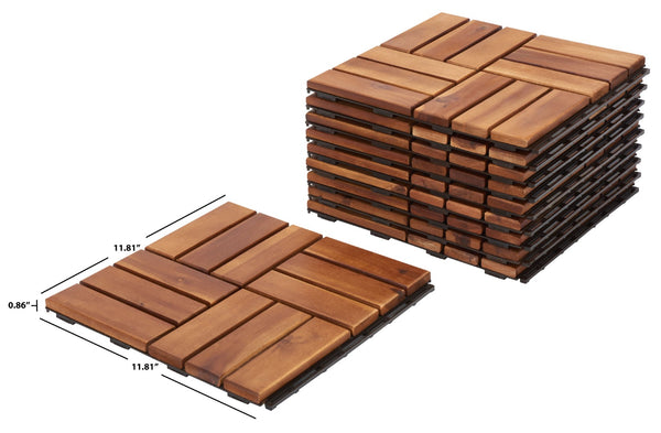 Safavieh HANOI 12 Slat Wooden Floor Tile - 10 Interlocking Natural Wood Tiles for Outdoor Spaces & Patios PAT7900A