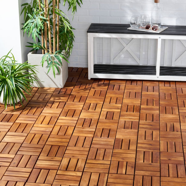 Safavieh HANOI 12 Slat Wooden Floor Tile - 10 Interlocking Natural Wood Tiles for Outdoor Spaces & Patios PAT7900A