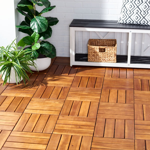 Safavieh PHUKET 4-Slat Wooden Floor Tiles - Natural Finish, Interlocking Design for Outdoor Spaces - 10 Pack PAT7904A