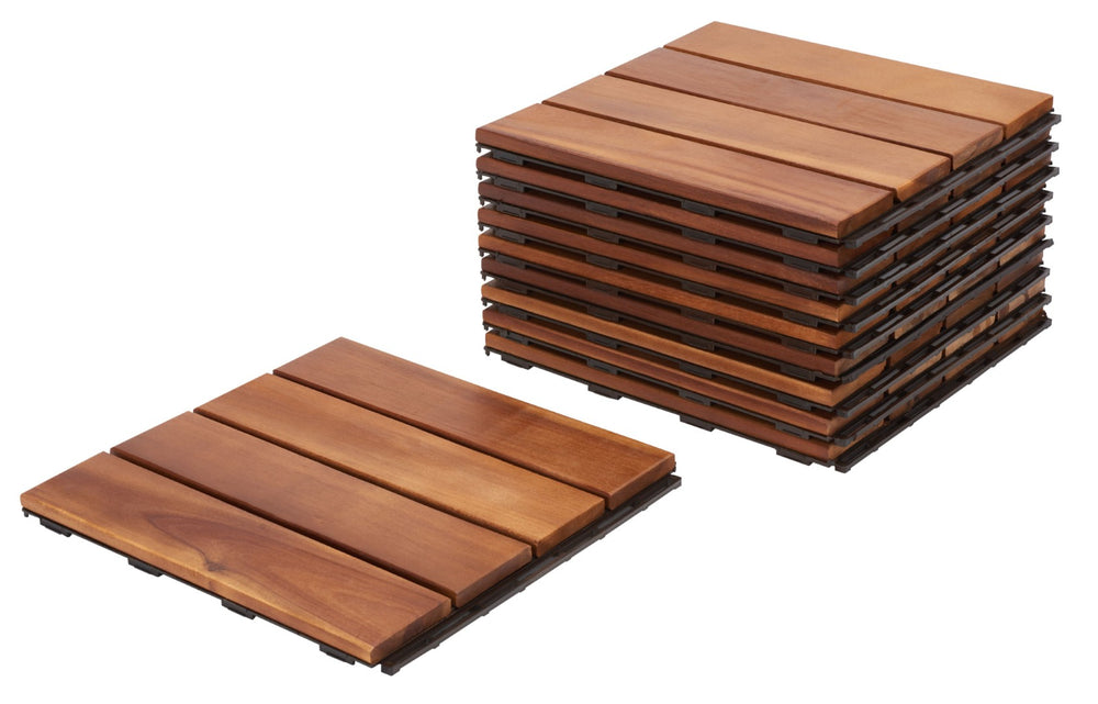 Safavieh PHUKET 4-Slat Wooden Floor Tiles - Natural Finish, Interlocking Design for Outdoor Spaces - 10 Pack PAT7904A