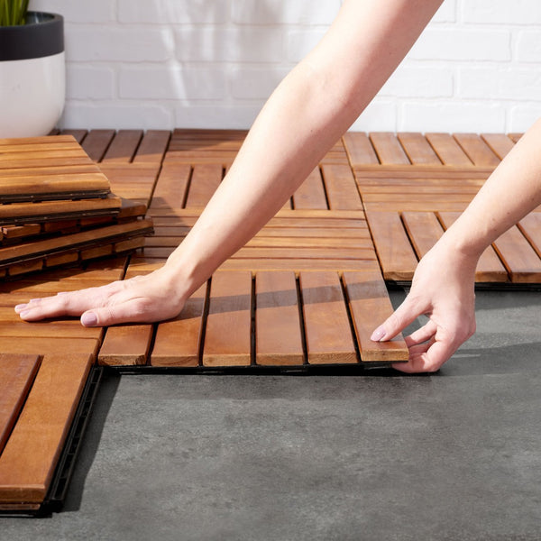 Safavieh OSAKA 6-Slat Wooden Floor Tiles - Stylish Natural Wood for Patios & Decks - 10 Interlocking Tiles PAT7906A